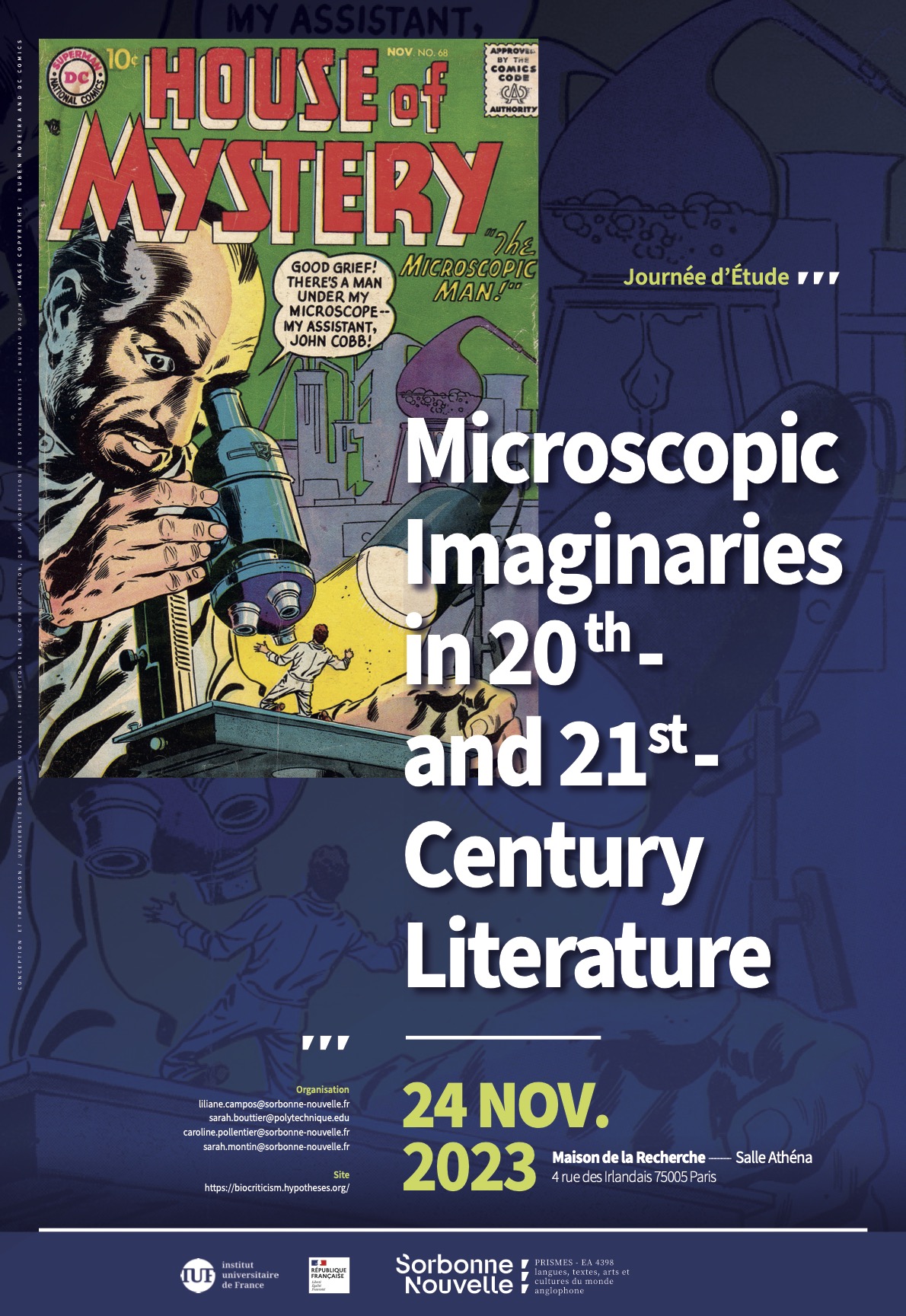 Affiche de la journée d'études Microscopic Imaginaries, 24 novembre 2023, Maison de la Recherche Sorbonne Nouvelle, Paris
