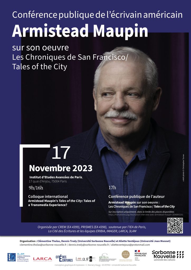 Affiche du colloque autour de l'oeuvre d'Armistead Maupin, le 17 novembre 2023. L'affiche présente une photo de l'auteur.